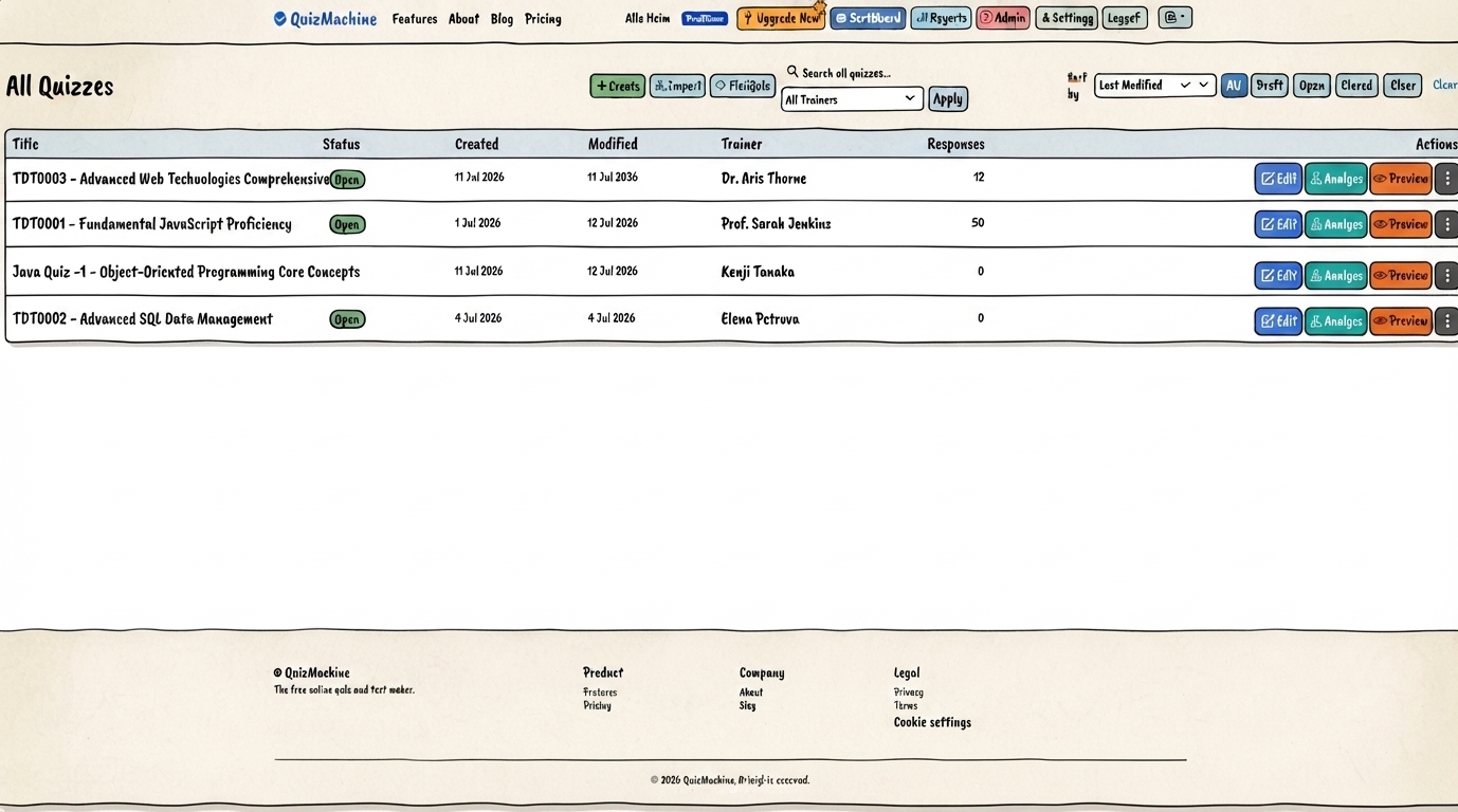 QuizMachine dashboard and quiz editor preview